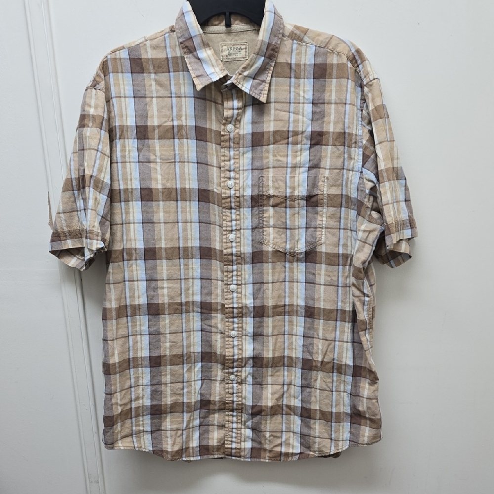 ARROW Brown and Tan Plaid Men's Shirt - Size L